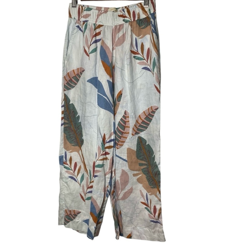 Cynthia Rowley Floral Linen Wide Leg Pants Beachy Breezy Pull On w/ Pockets Sz S